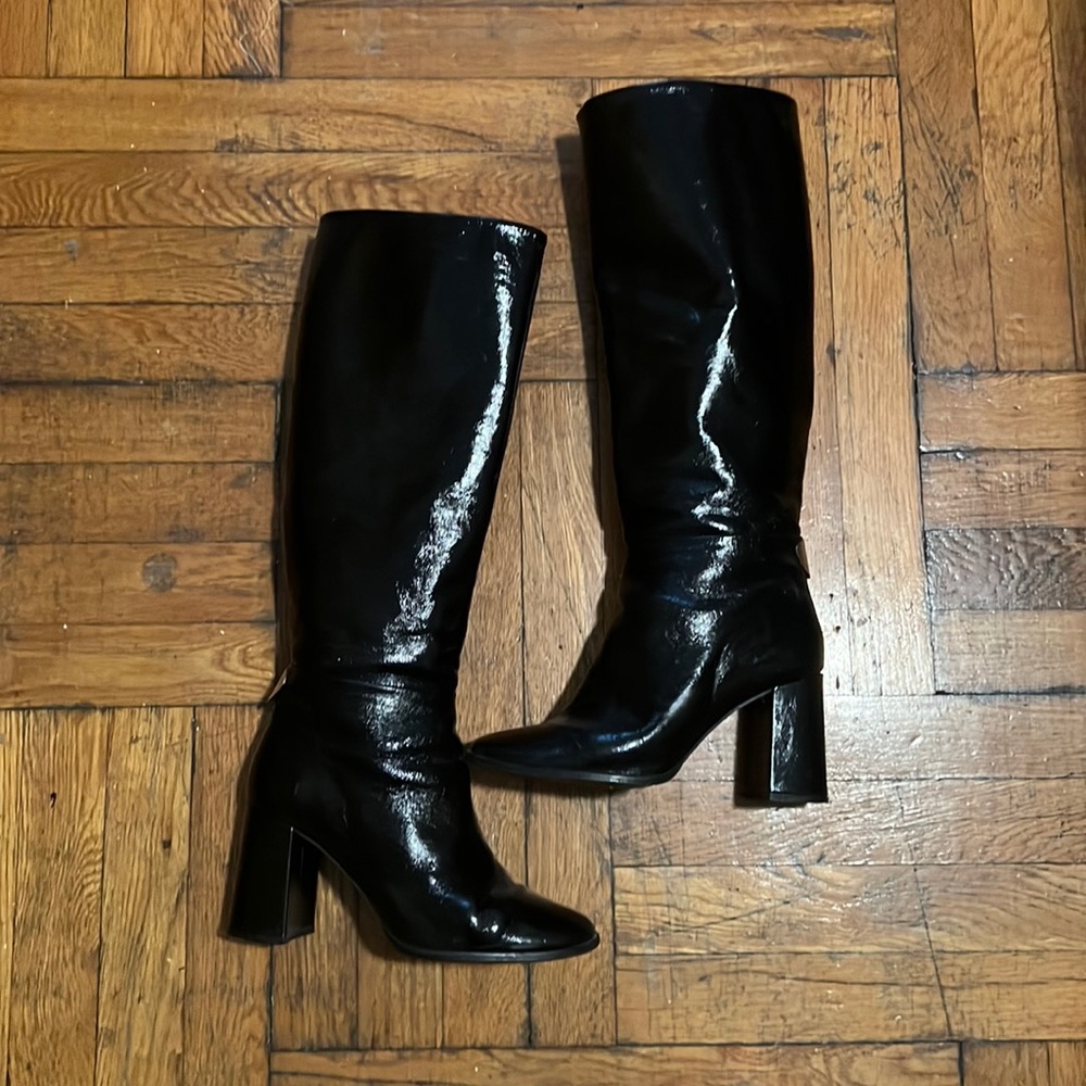 Zara black patent leather knee high boots